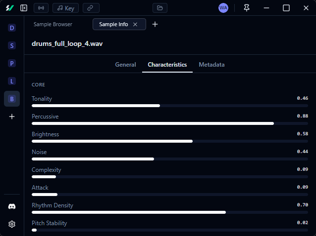 Sample info panel showing extracted audio characteristics like tonality and percussiveness