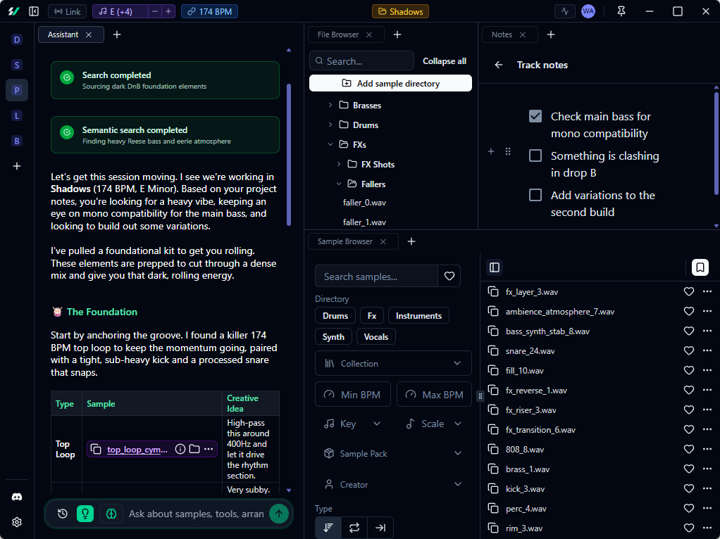 AI assistant using project context to suggest fitting samples