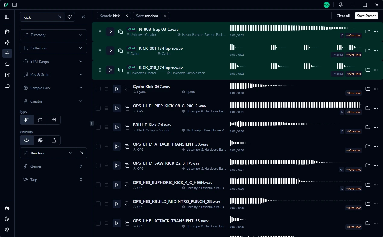 Sample Vault AI suggestions showing personalized sample recommendations