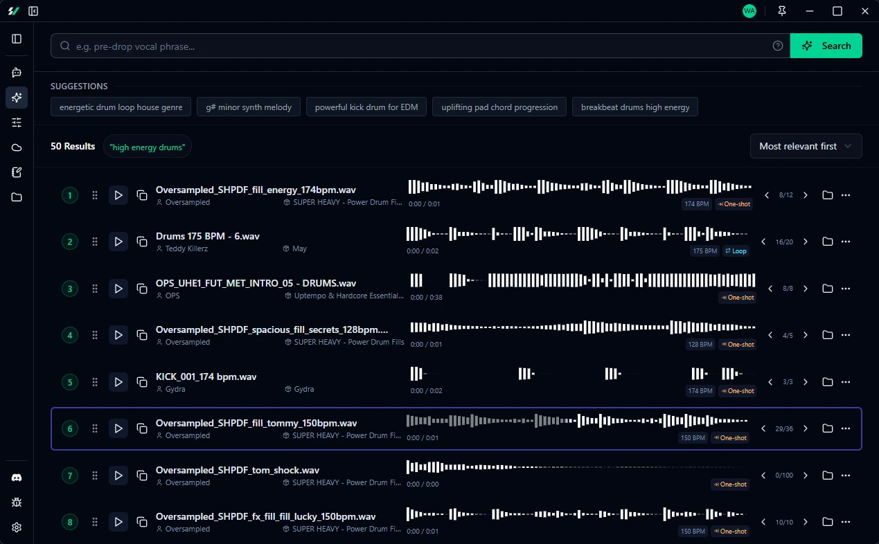 Sample Vault AI assistant responding to natural language queries about sample vibes