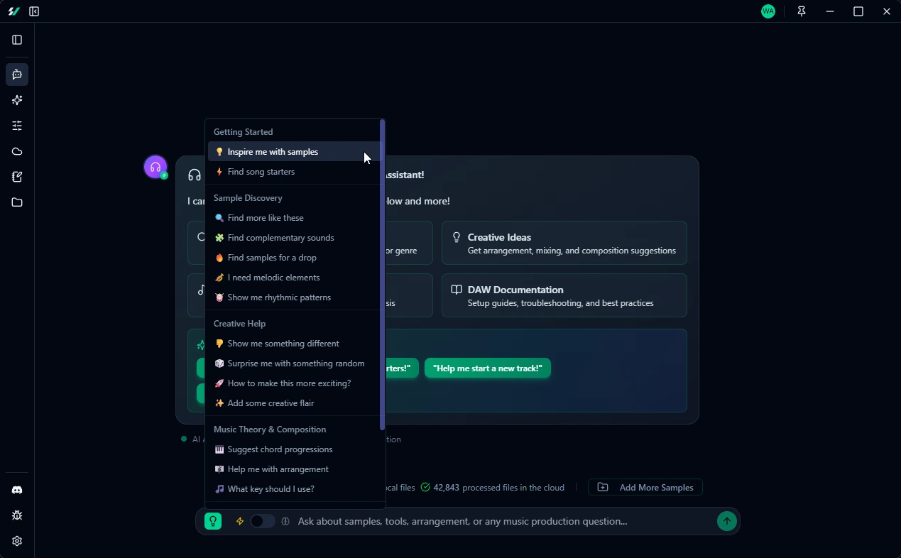 Sample Vault quick prompts interface with inspiration buttons